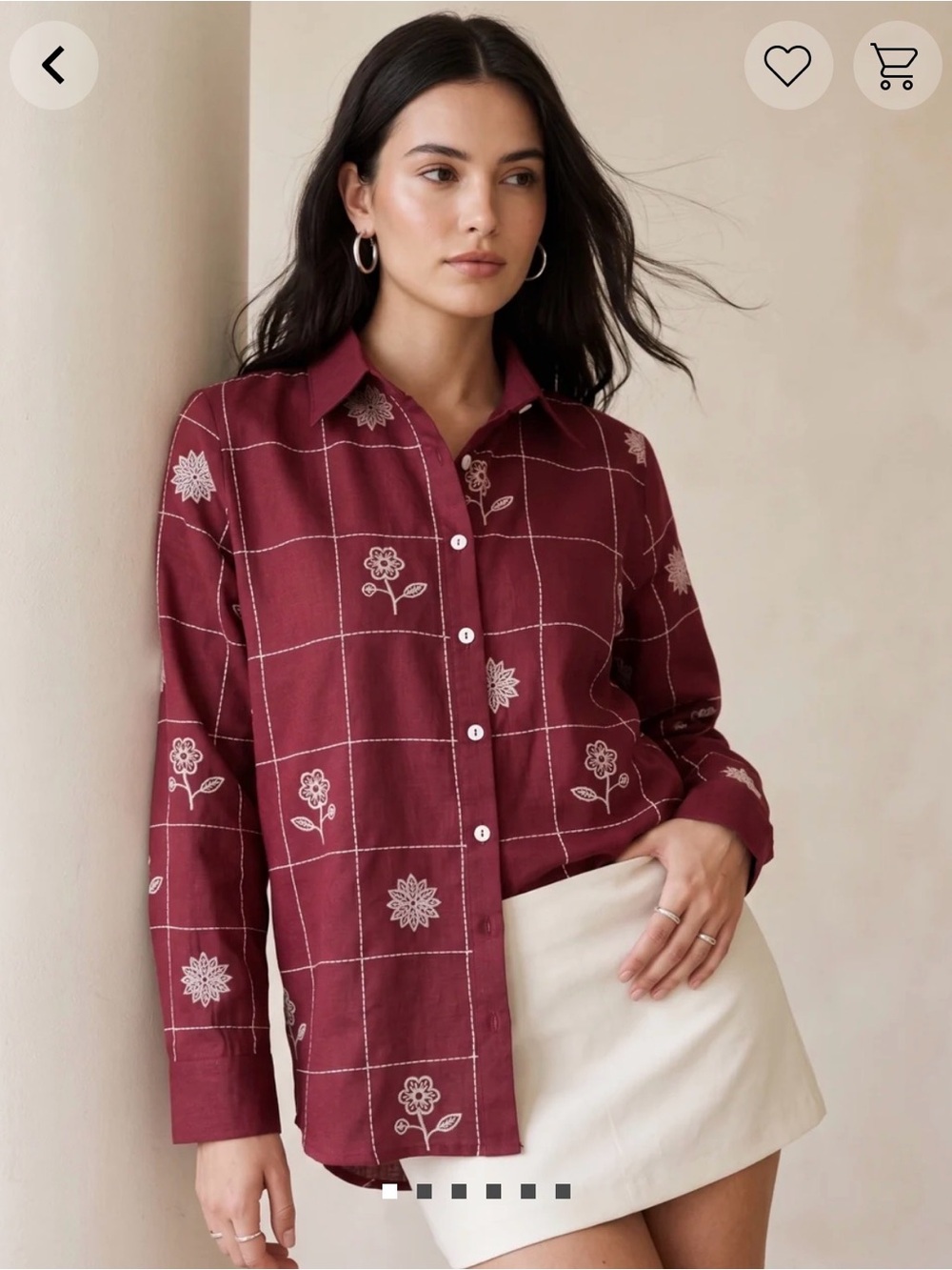 Sezane Maroon Floral Grid Button-Down Shirt